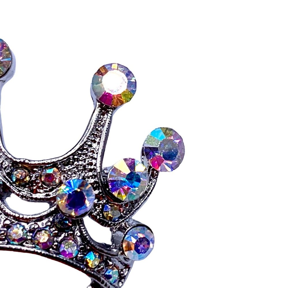 Vintage Style Princess Crown Brooch Pin Aurora Borealis Rhinestones Silver Tone - Picture 5 of 7